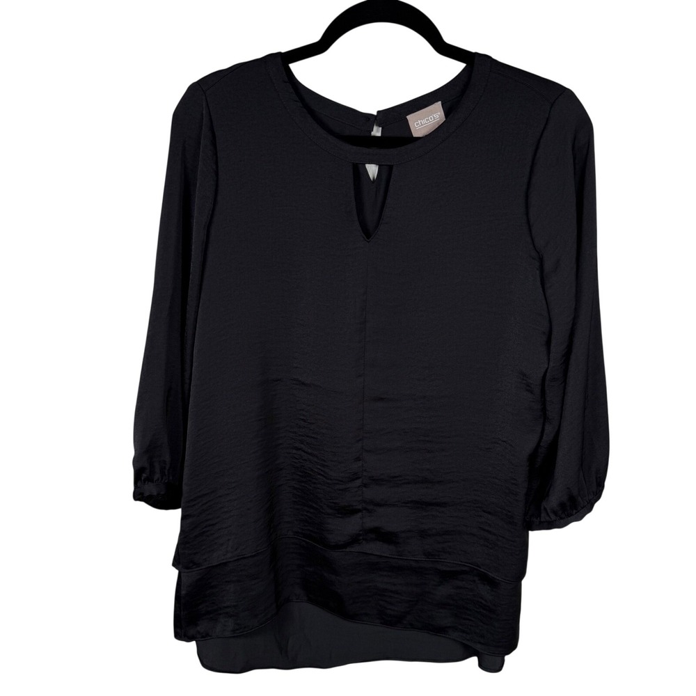 Chico's Black Satin Layered High-Low Blouse Keyhole Neck 3/4 Sleeve Size Small